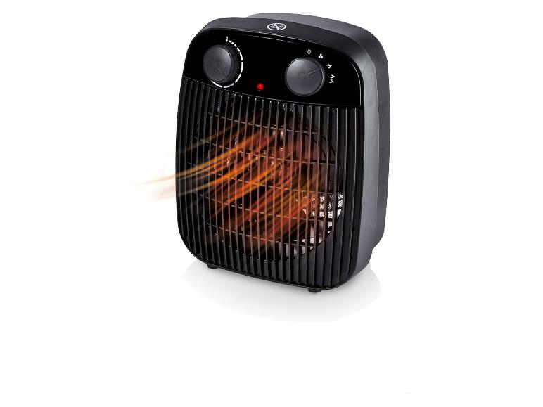 Ein schwarzer Heizlüfter mit sichtbarem Heizelement.