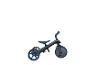 Blau-schwarzes Kinderdreirad mit drei Rädern und Pedalen