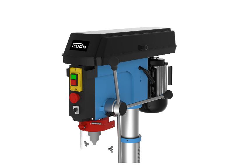 Blau-schwarze Säulenbohrmaschine mit roten und grünen Bedienelementen.