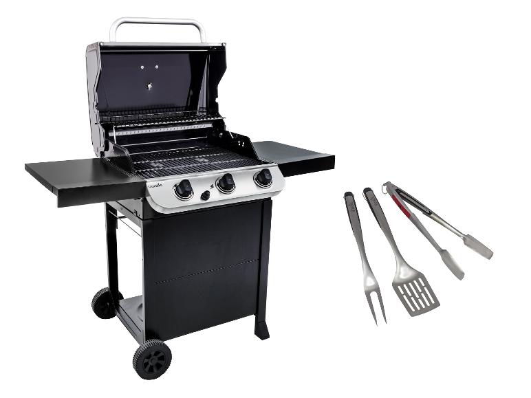 Gasgrill mit drei Brennern und Grillbesteck-Set.