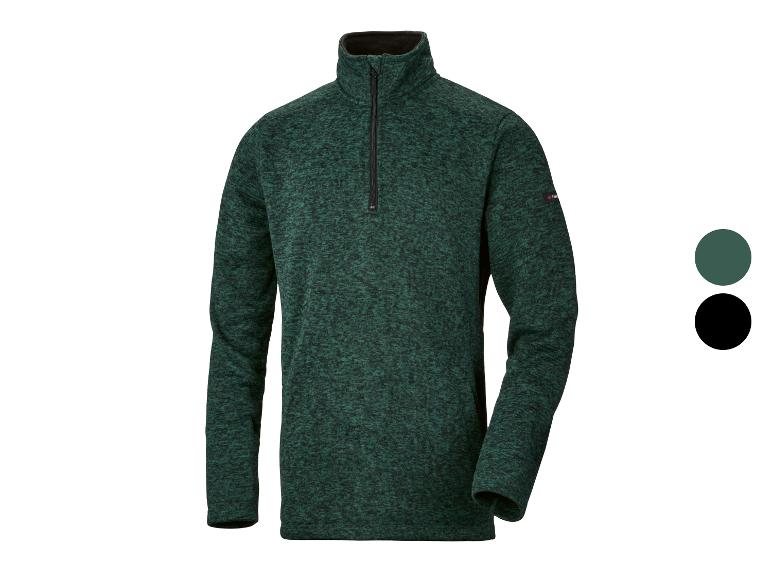 Grüne Herren-Fleecejacke mit Reißverschluss und schwarzem Kragen.