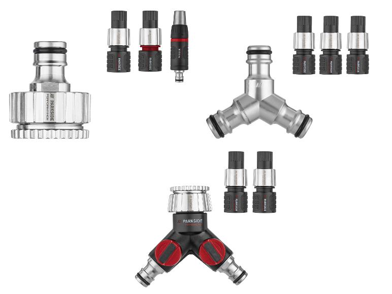 Parkside Performance Bewässerungszubehör aus Metall und Kunststoff, inklusive Anschlüssen und Verteiler.