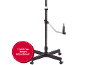 Schwarzes Stativ auf Rollen mit höhenverstellbarer Stange, beschriftet mit „Tool-Free Height Adjustment“.