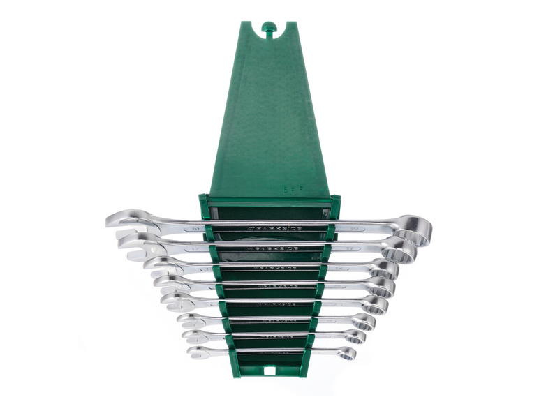Ein Satz von acht Parkside Ring- und Maulschlüssel in einem grünen Halter.