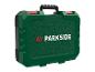 Grüner Parkside Werkzeugkoffer mit schwarzem Griff und roten Verschlüssen.