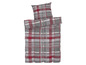 Ein graues, weißes und rotes kariertes Bettbezugset mit passendem Kissenbezug.