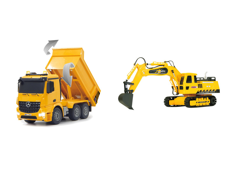 Ein gelber LKW und ein gelber Raupenbagger.