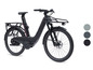 Ein schwarzes E-Bike mit Gepäckträger.