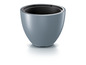 Ein grauer Blumentopf mit schwarzem Rand.