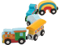 Bunter Holzeisenbahn-Spielzeug mit Lokomotive, Wolkenwagen, gestreiftem Wagen und Regenbogenwagen.