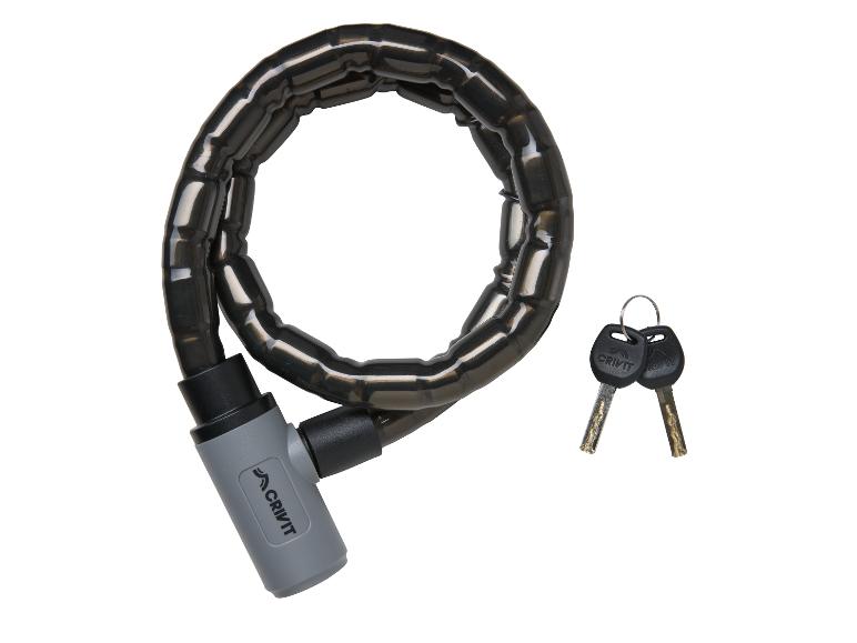 Crivit Fahrradschloss mit schwarzer Kette und zwei Schlüsseln auf weißem Hintergrund.