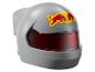 Grauer Rennhelm mit Red Bull-Logo und rotem Visier