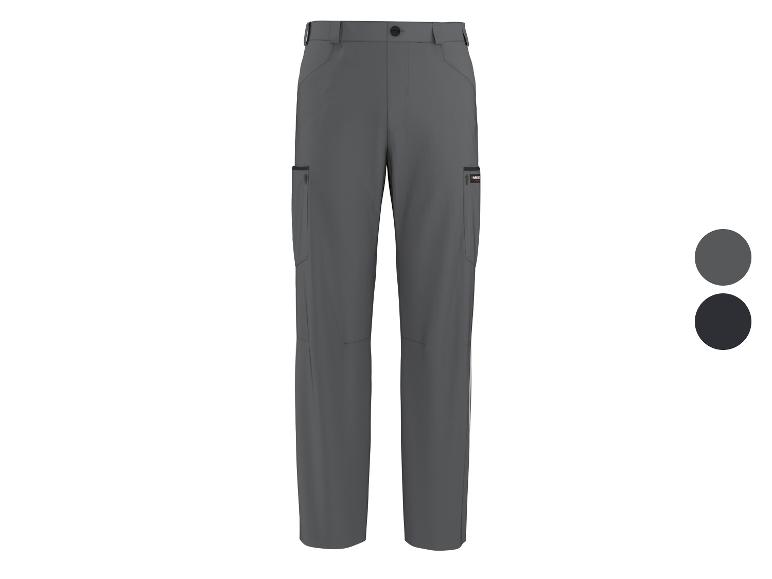 Graue Herrenhose mit Taschen, daneben zwei Farbmuster.