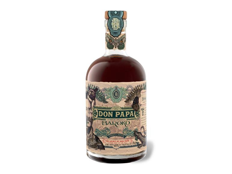 Flasche Don Papa Baroko Rum mit detailliertem tropischem Etikettendesign.