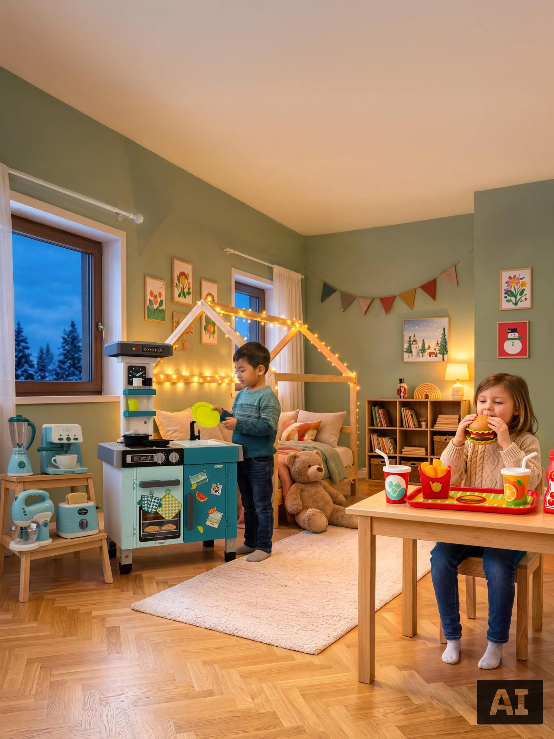 Kinder spielen mit einer Holz-Spielzeugküche und Spielzeug-Lebensmitteln im gemütlichen Kinderzimmer.
