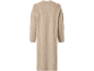 Lange beigefarbene Strickjacke mit Rippenmuster, Rückansicht.