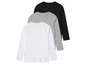 Drei Basic Longsleeve-Shirts in Weiß, Grau und Schwarz.