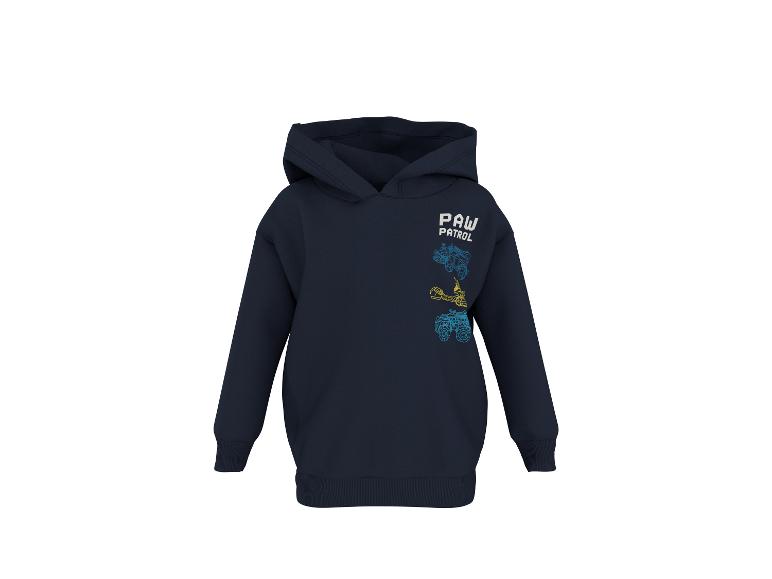 Dunkelblauer Kinder-Hoodie mit „PAW PATROL“-Schriftzug und Fahrzeugen.