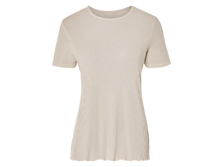 Beigefarbenes T-Shirt mit kurzen Ärmeln aus Rippstrick.