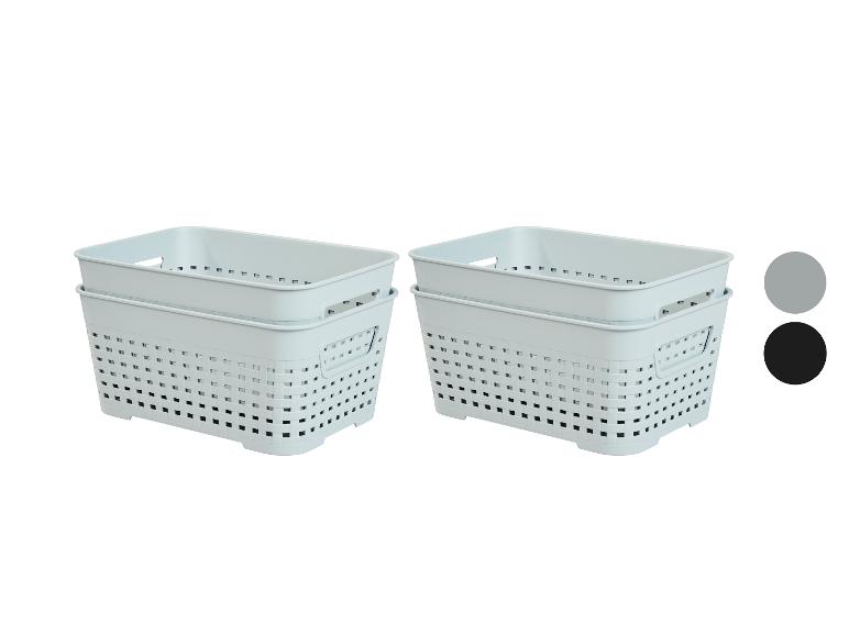 Zwei Sets hellgrauer und dunkelgrauer Kunststoff-Aufbewahrungskörbe.