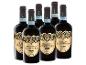 Sechs Flaschen Primitivo di Manduria Riserva Rotwein mit goldenen Etiketten und Schlüsseldesign.