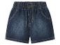 Dunkelblaue Kinder-Jeansshorts mit elastischem Bund und gelben Nähten.