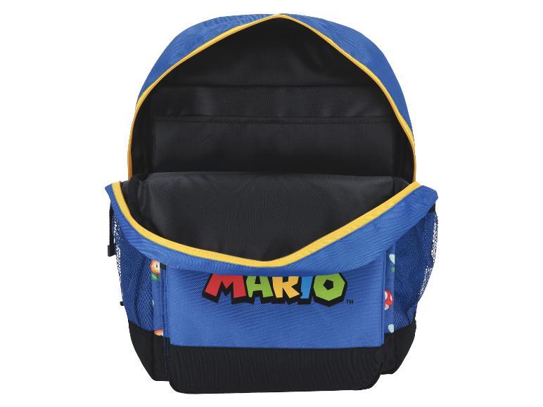 Blauer Rucksack mit Mario-Logo.