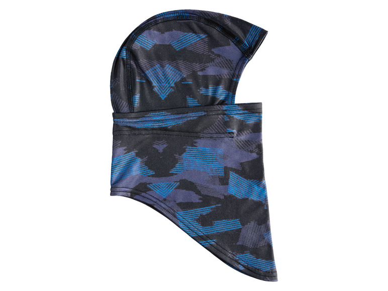 Eine schwarze und blaue Balaclava mit geometrischem Muster.