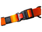 Ein orangefarbenes und schwarzes Hundehalsband mit einer schwarzen Schnalle der Marke Ruffwear.