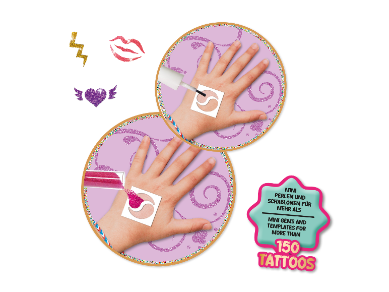 Mini Perlen und Schablonen für mehr als 150 Glitzer-Tattoos.