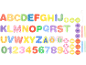 Buntes Alphabet, Zahlen und mathematische Symbole für Kinder auf schwarzem Hintergrund.
