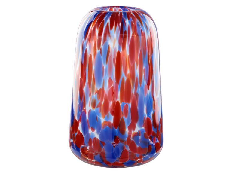 Eine rote und blaue Glasvase mit Punkten.