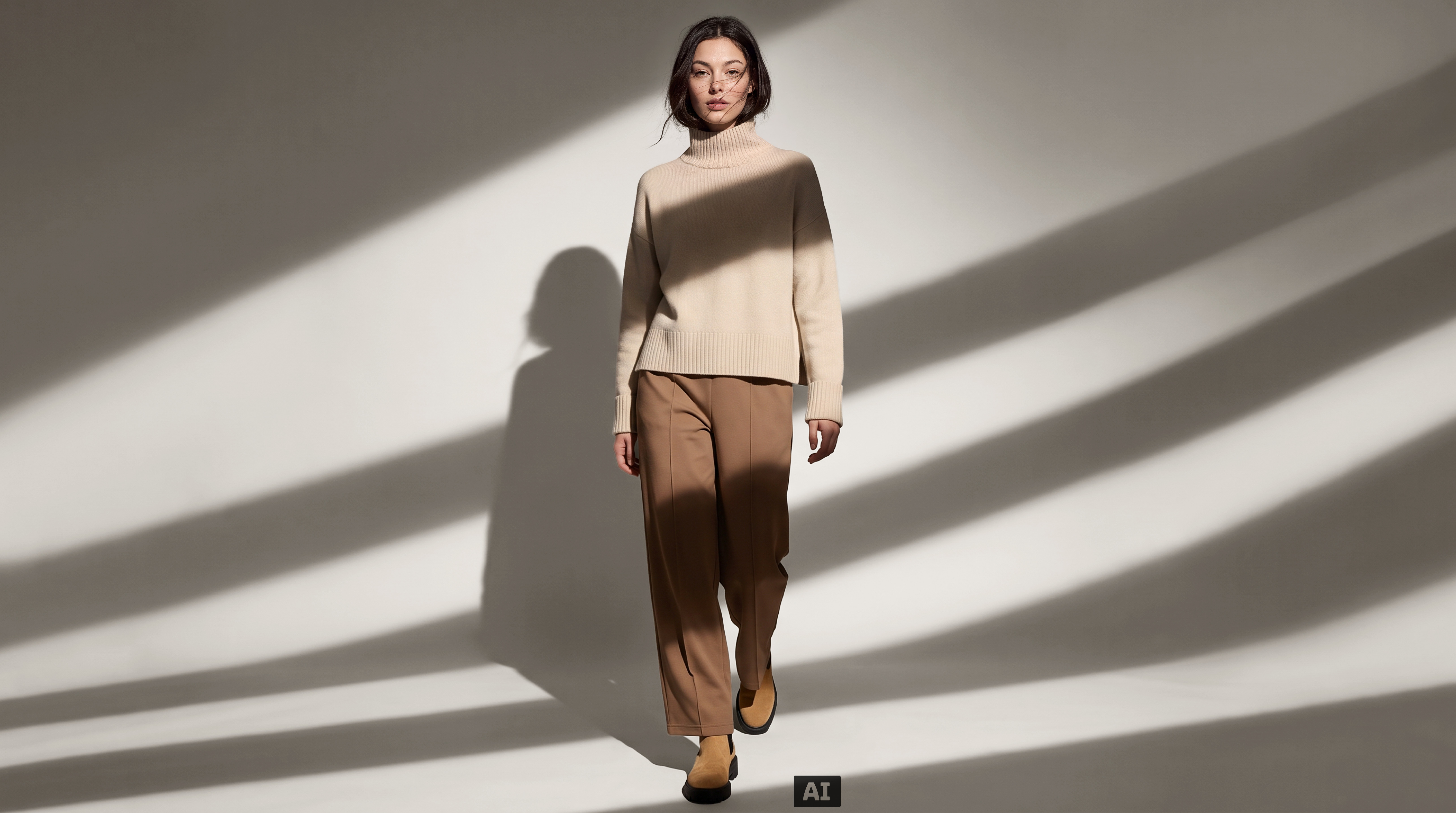 Dieses Bild ist KI-generiert: Ein weibliches Model trägt die Damen Wide-Leg Scubahose in der Farbe Beige. in der Farbe Olive