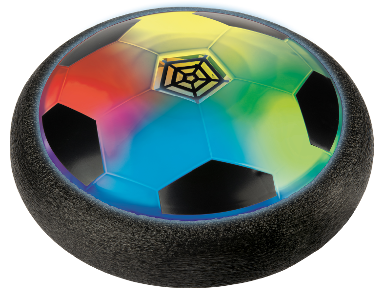 Schwebender Fußball mit bunten LED-Lichtern und schwarzem Schaumstoffrand
