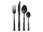 Schwarzes Besteckset mit Gabel, Messer, Esslöffel und Teelöffel.
