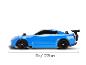 Blaues Spielzeugauto mit schwarzen Rädern und Spoiler, 17,78 cm lang.