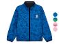 Blaue Kinderjacke mit Bausteinmuster und Farboptionen.