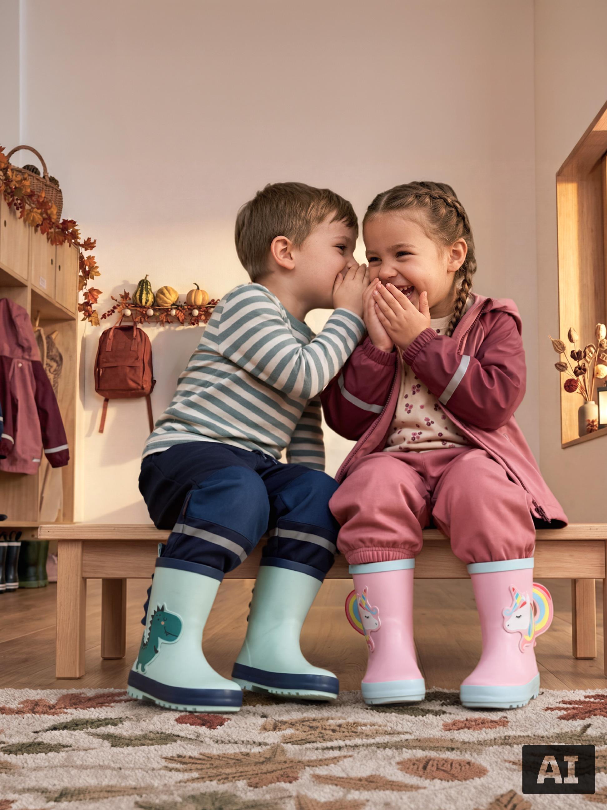 Zwei Kinder lachen und flüstern, gekleidet in Regenkleidung und bunte Gummistiefel.