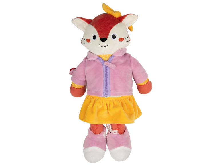 Ein Plüschfuchs mit einer rosa Jacke und einem gelben Rock.