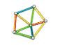 Bunte magnetische Baustäbe und Metallkugeln bilden ein komplexes geometrisches Muster.