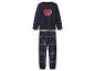 Kinderpyjama mit marineblauem Oberteil mit Herz und karierter Hose.