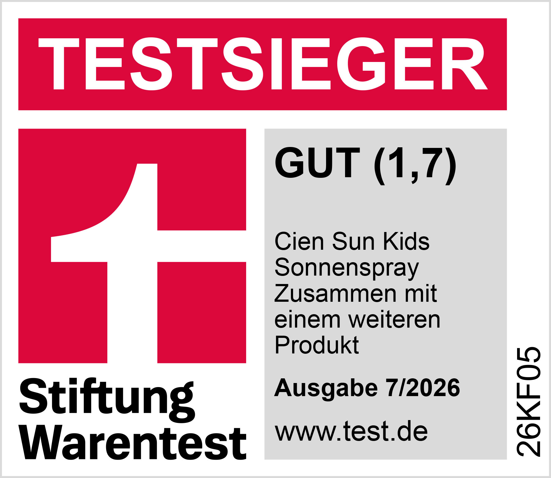 Testsieger, Bewertung: GUT (1,7), Ausgabe 7/2026, www.test.de, 26KF05.