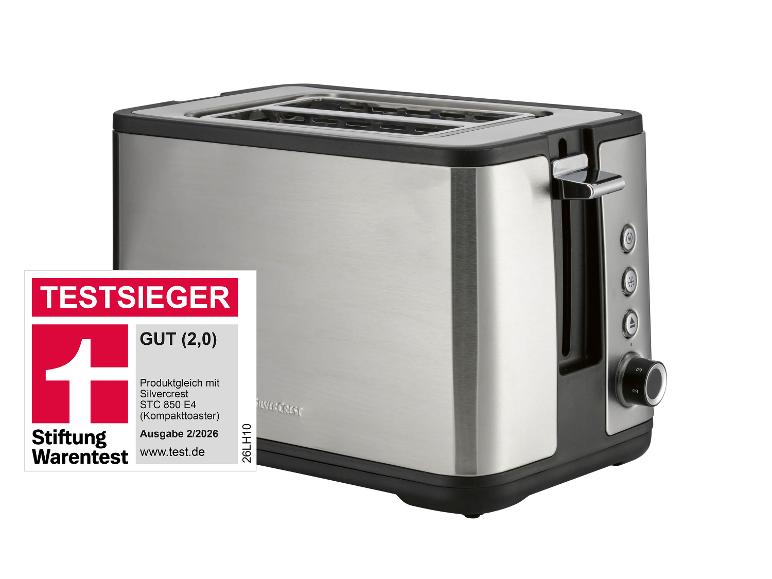 Edelstahl-Toaster mit dem Zertifikat 'TESTSIEGER GUT (2,0)' von Stiftung Warentest.