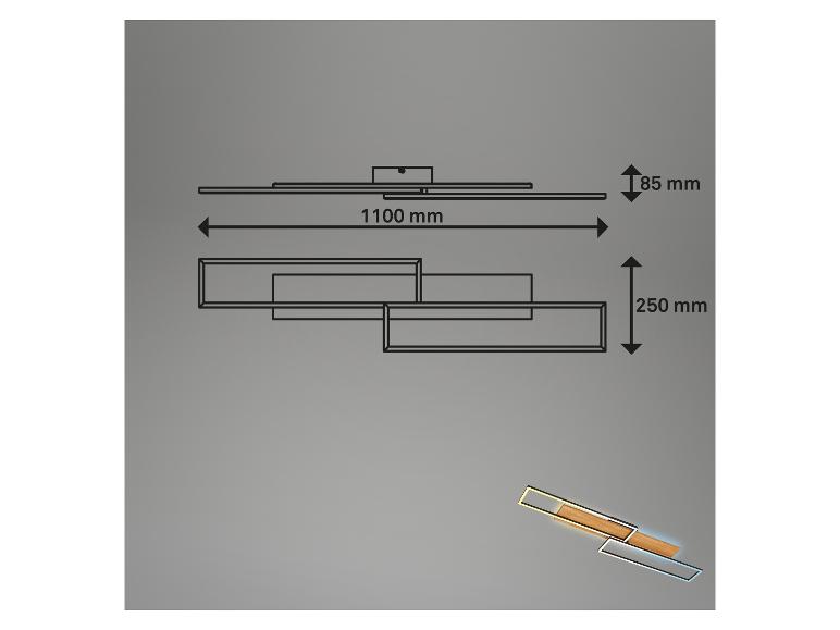 Maßskizze einer modernen Deckenleuchte mit Holz- und Metallelementen.