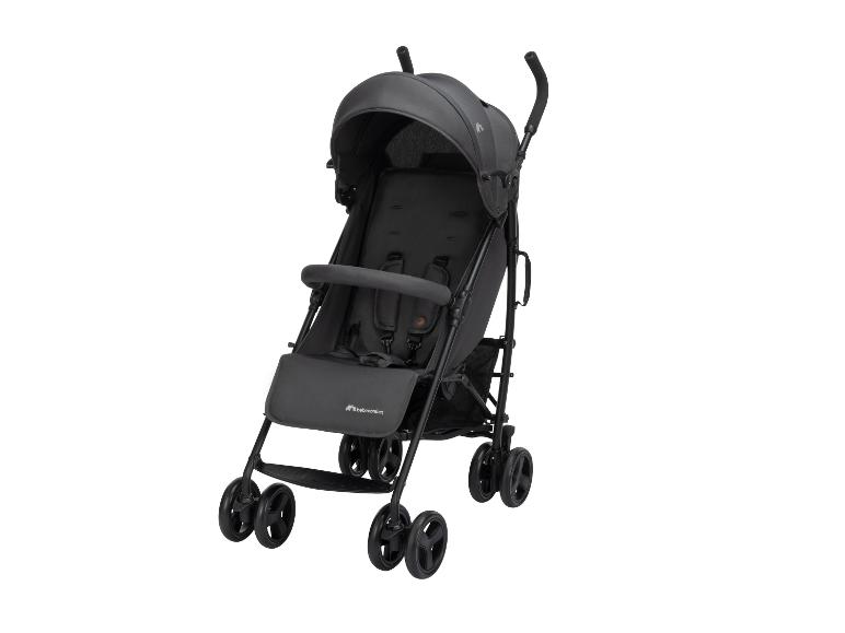 Dunkelgrauer Kinderwagen mit Verdeck, Sicherheitsgurt und mehreren Rädern.