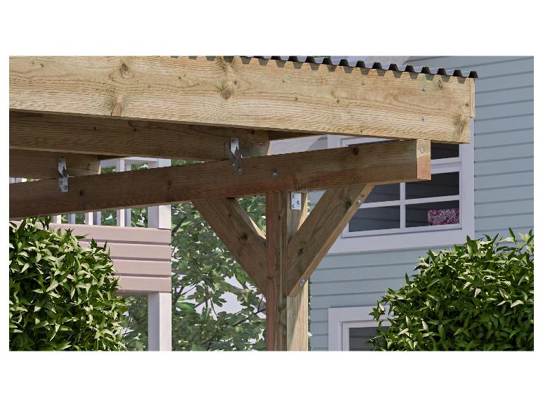 Holzpergola mit Metalldach und Befestigungen, an einer Hauswand.