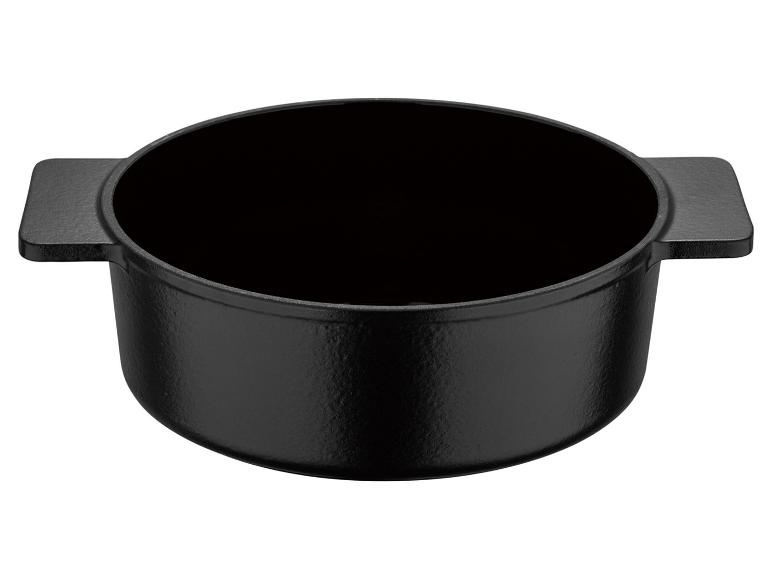 Ein schwarzer Gusseisentopf mit zwei Griffen.