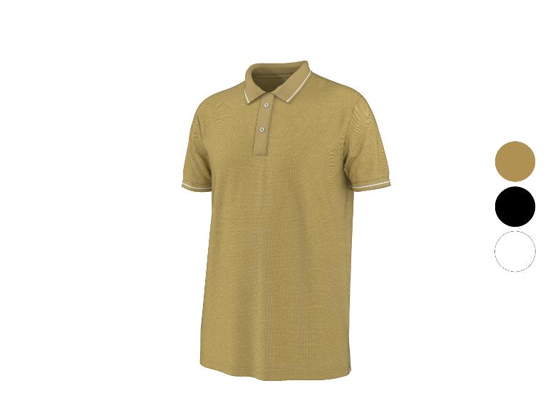 Herren-Kurzarm-Poloshirt in Senfgelb mit weißen Streifen an Kragen und Ärmeln.