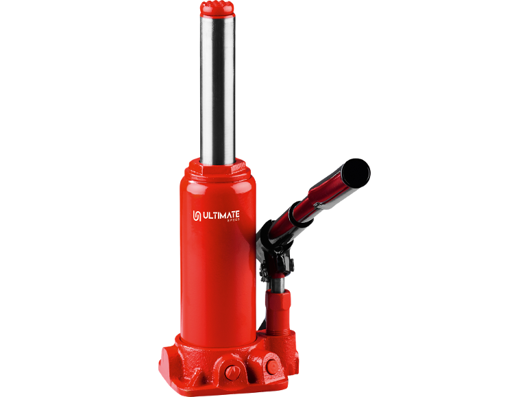 Roter hydraulischer Wagenheber mit silbernem Kolben und schwarzem Griff