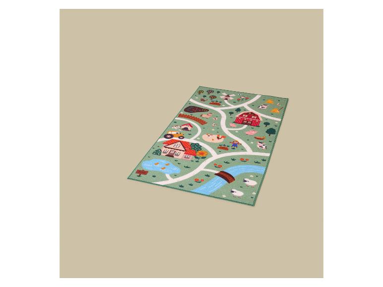 Kinder-Spielteppich mit Bauernhof-Motiv, Straßen und Tieren.